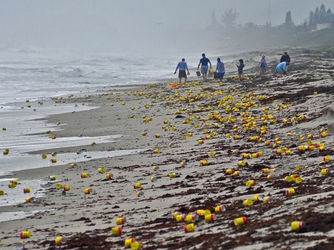 How is it that thousands of cans of coffee are washed up on American beaches to attract locals and tourists to pick them up?