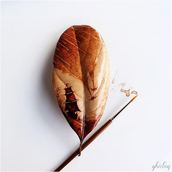 The use of coffee for painting. Coffee leaf painting.